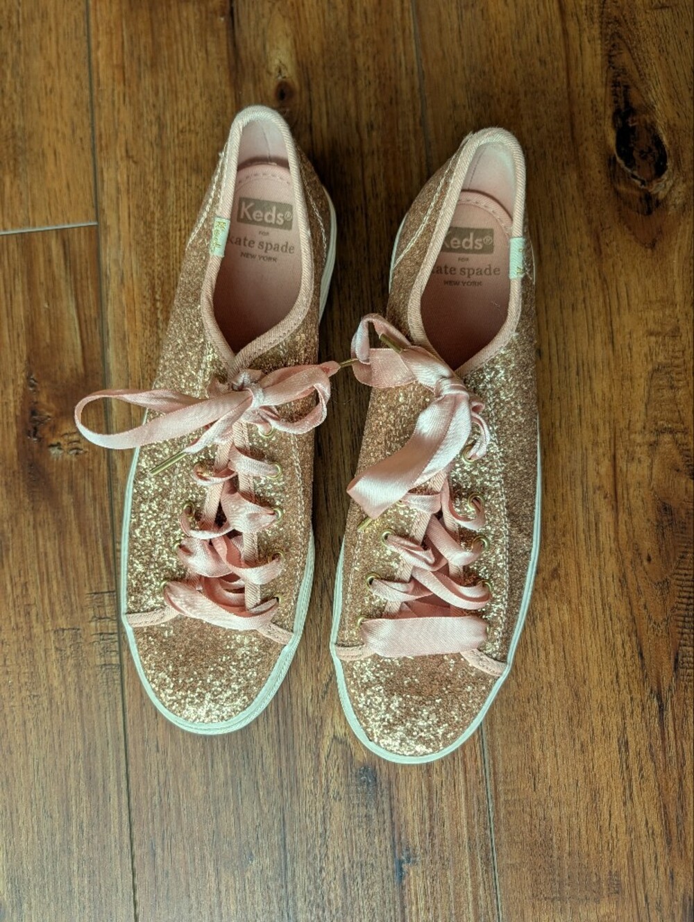 Keds x Kate Spade Rose Gold Glitter Platform Sneakers Satin Laces Size 9 - Picture 3 of 6